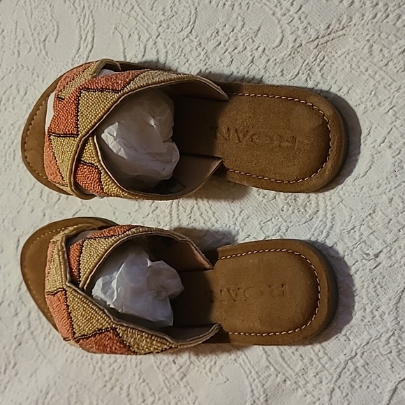 ROAN. LEATHER Bohemian Tan and Orange Sandals with Geometric Straps NWOT - Picture 4 of 6